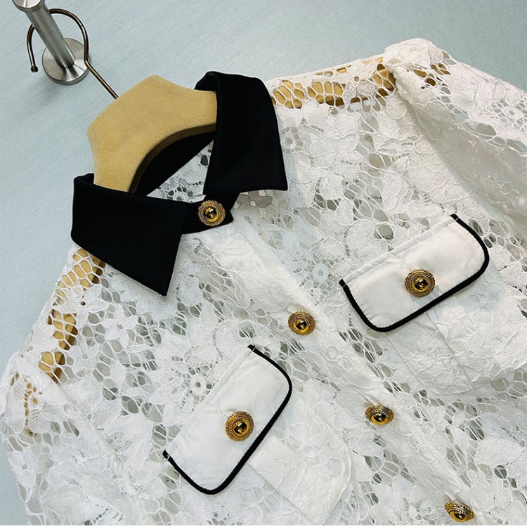 Pocket all-match small shirt hollow tops for women