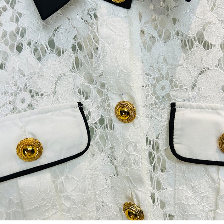 Pocket all-match small shirt hollow tops for women