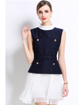 Blue chiffon sleeveless dress chanelstyle splice T-back