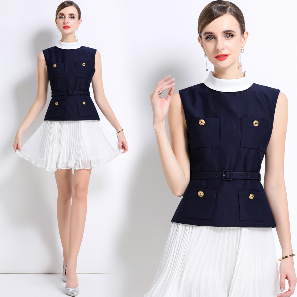 Blue chiffon sleeveless dress chanelstyle splice T-back