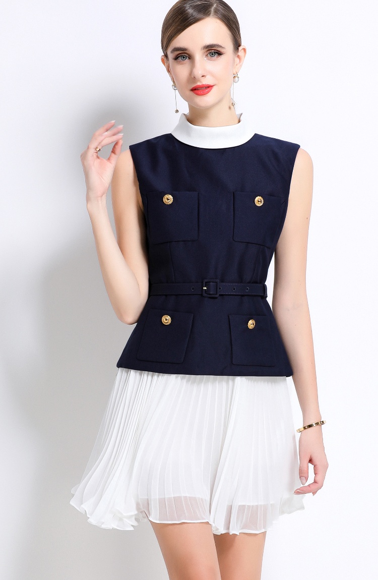 Blue chiffon sleeveless dress chanelstyle splice T-back