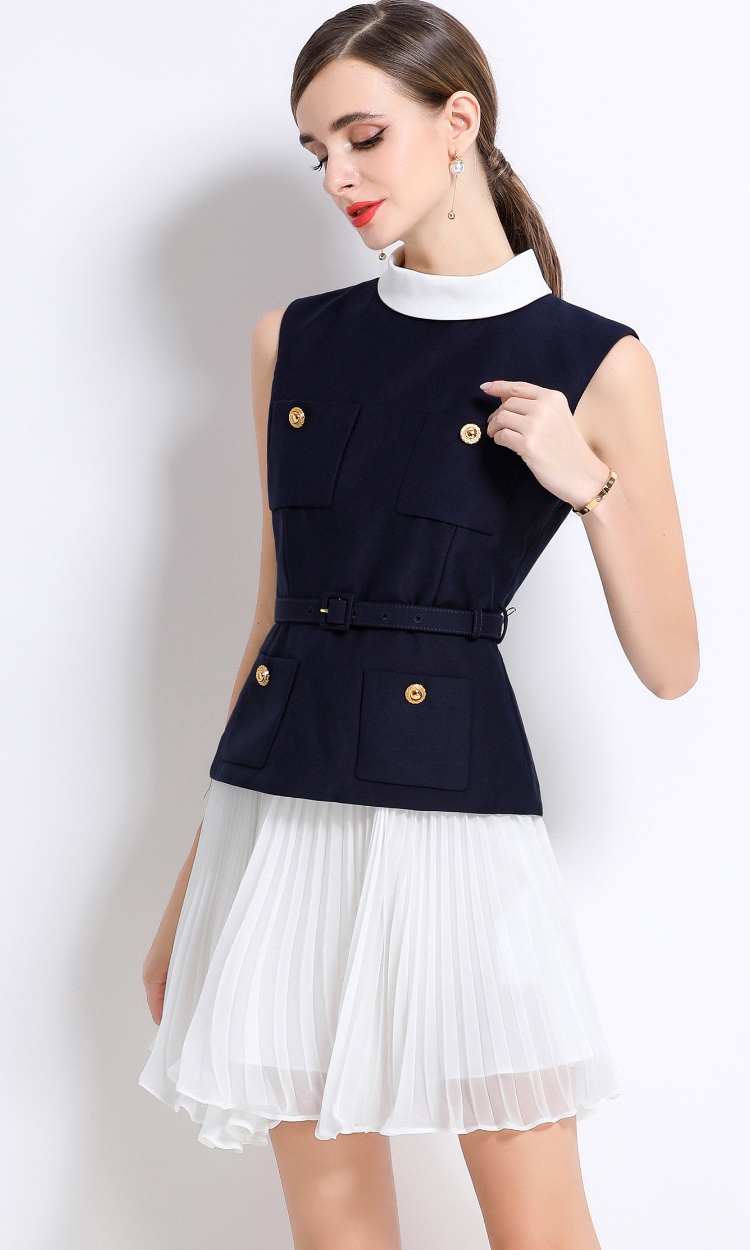 Blue chiffon sleeveless dress chanelstyle splice T-back