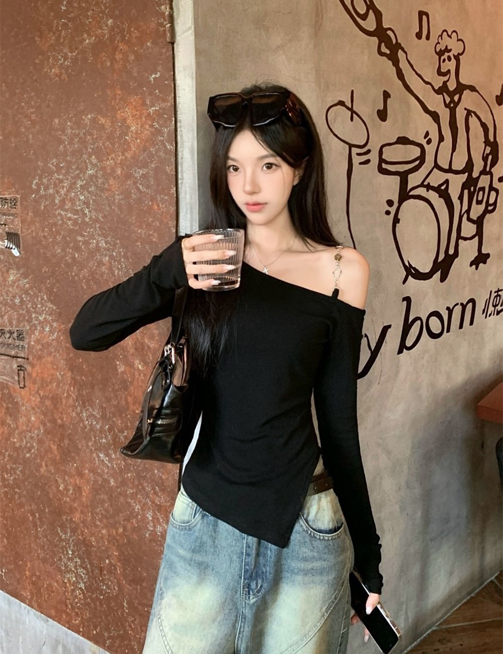 Cotton strapless long sleeve T-shirt for women