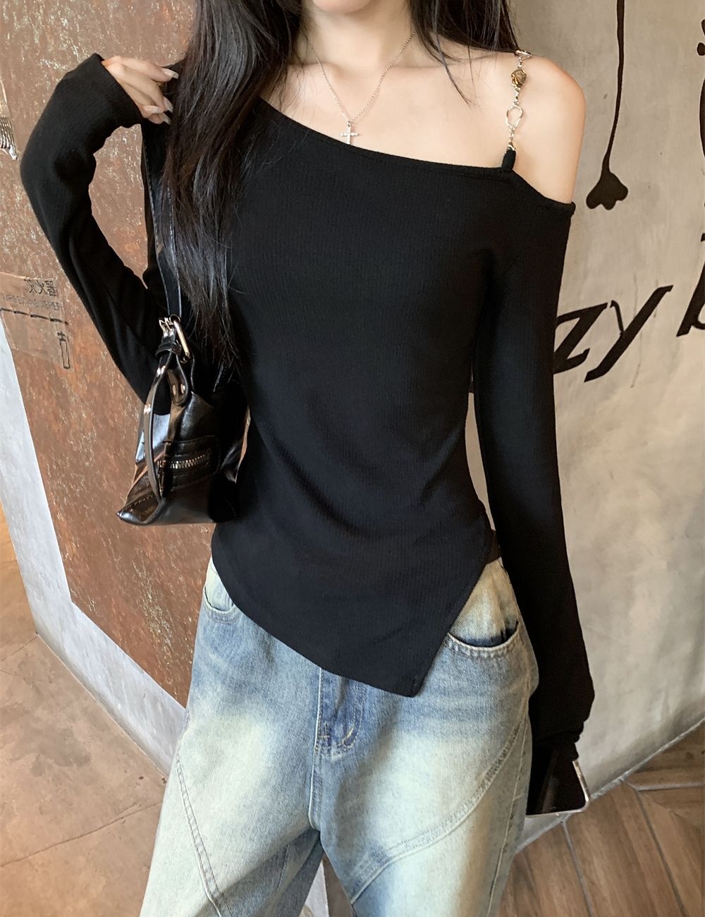 Cotton strapless long sleeve T-shirt for women