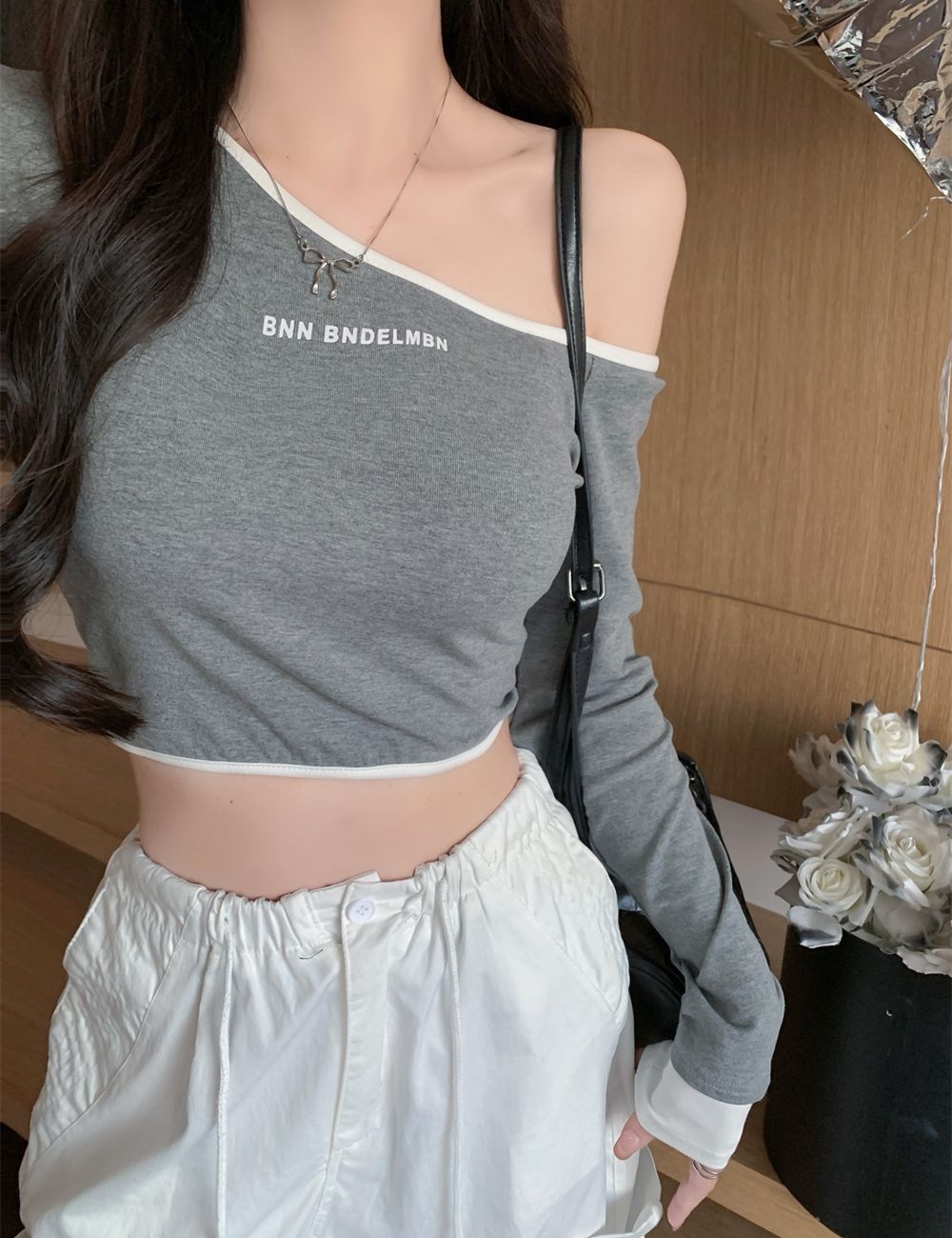 Strapless cotton long sleeve T-shirt for women