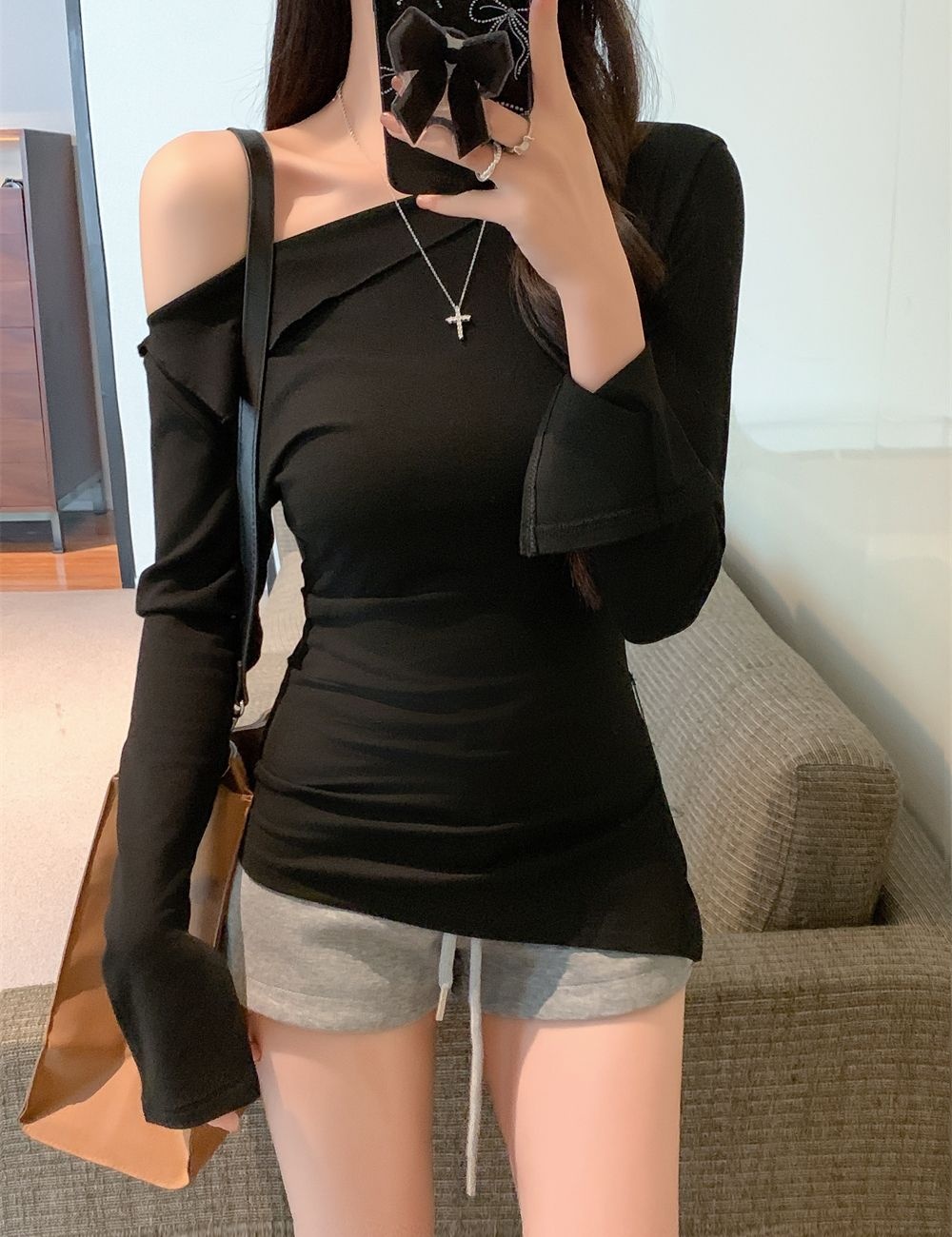 Cotton spandex long sleeve strapless T-shirt for women