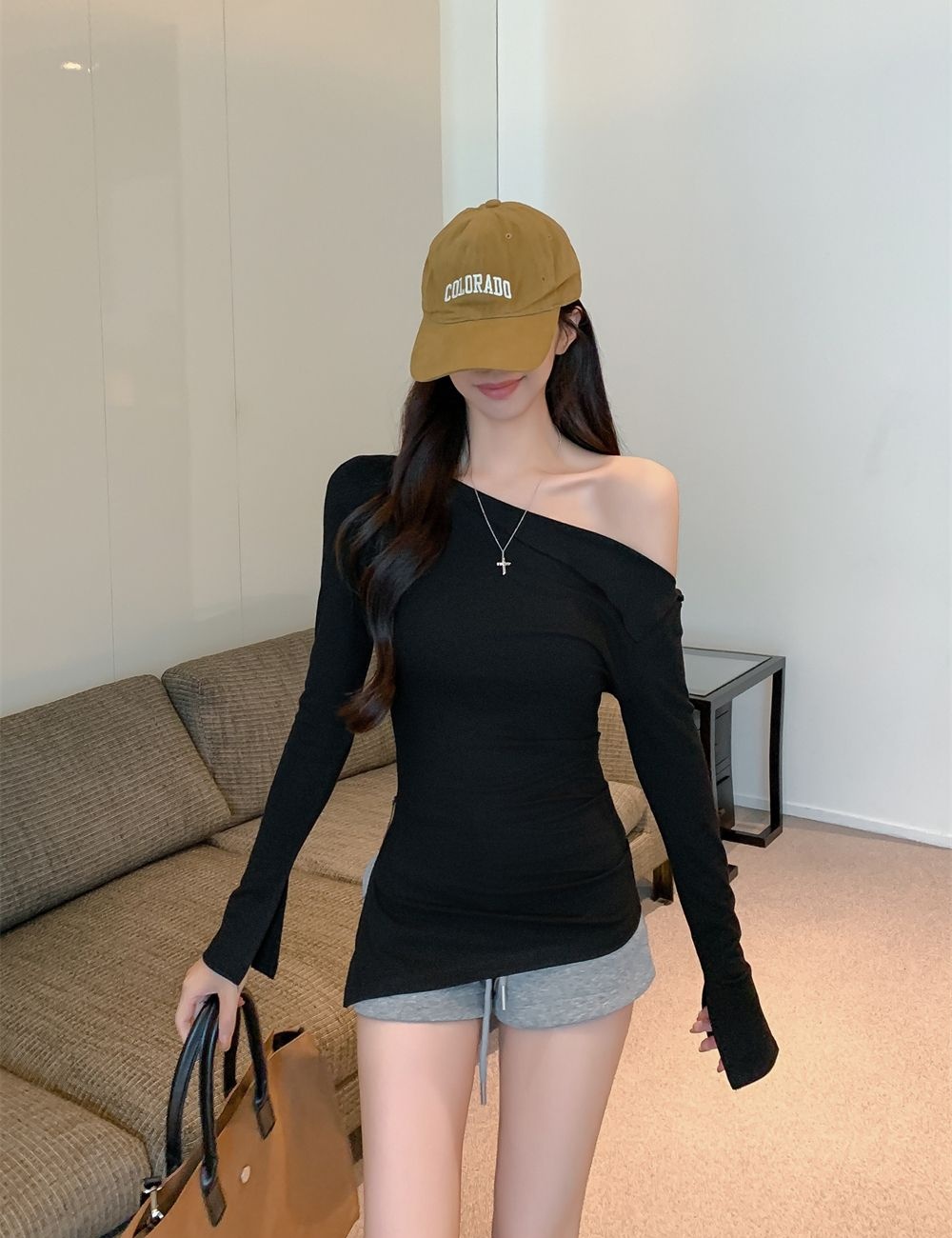 Cotton spandex long sleeve strapless T-shirt for women