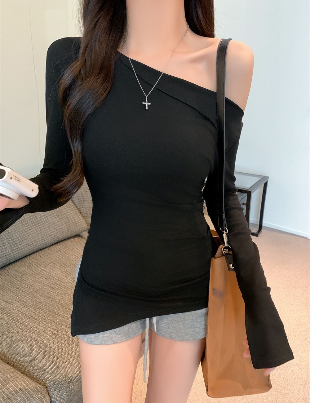 Cotton spandex long sleeve strapless T-shirt for women