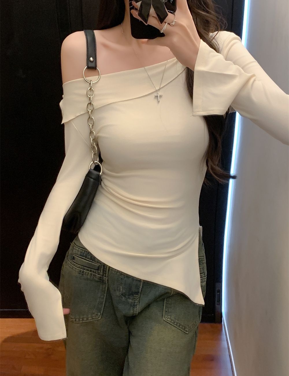 Cotton spandex long sleeve strapless T-shirt for women
