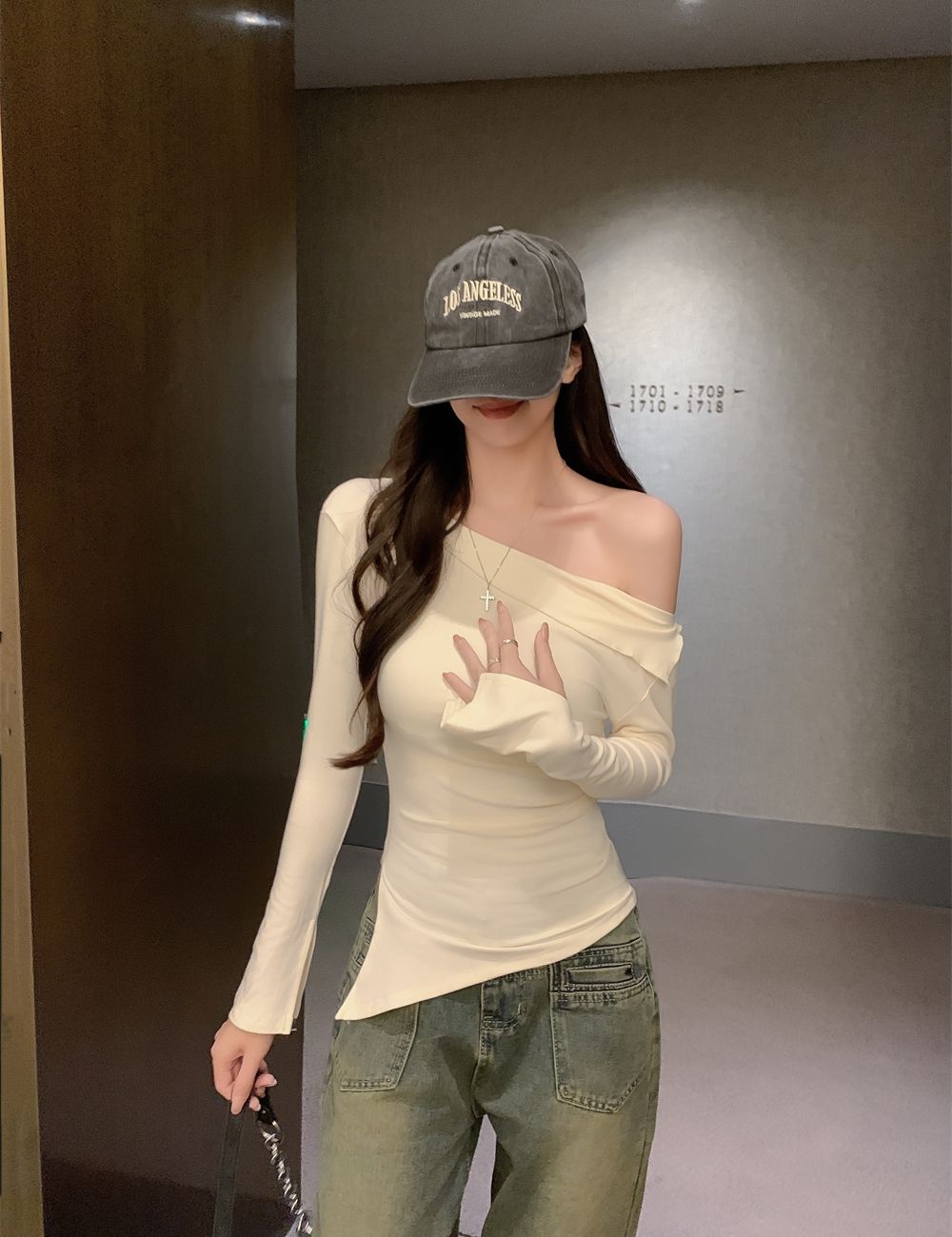 Cotton spandex long sleeve strapless T-shirt for women