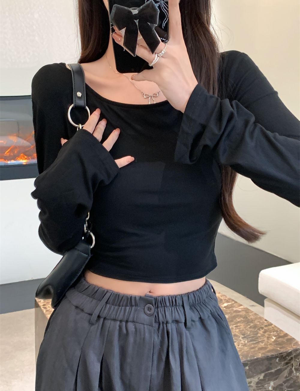 Short long sleeve pure cotton spandex T-shirt for women