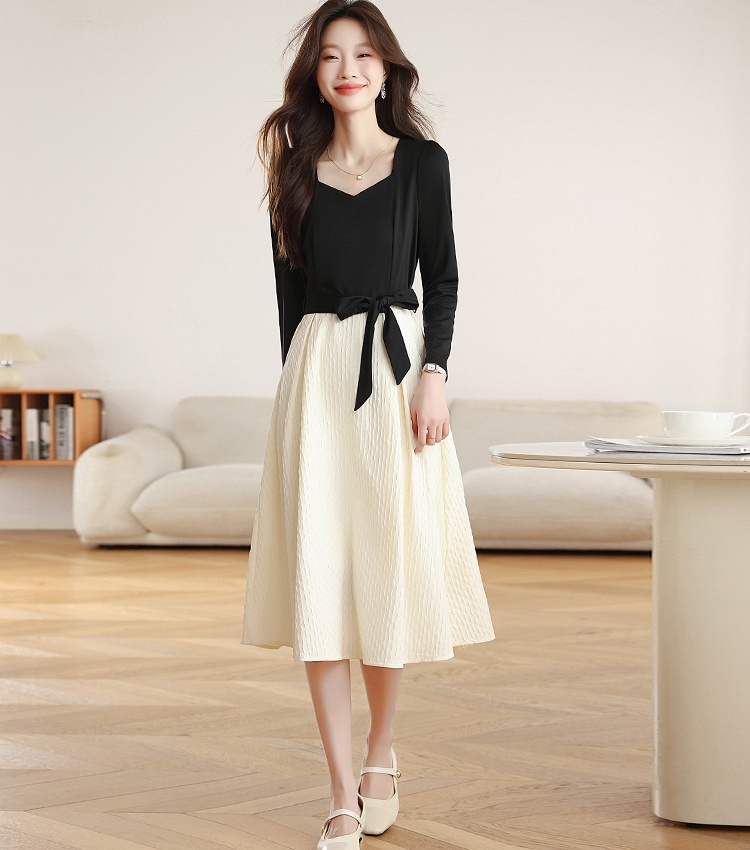 Square collar black-white France style dress
