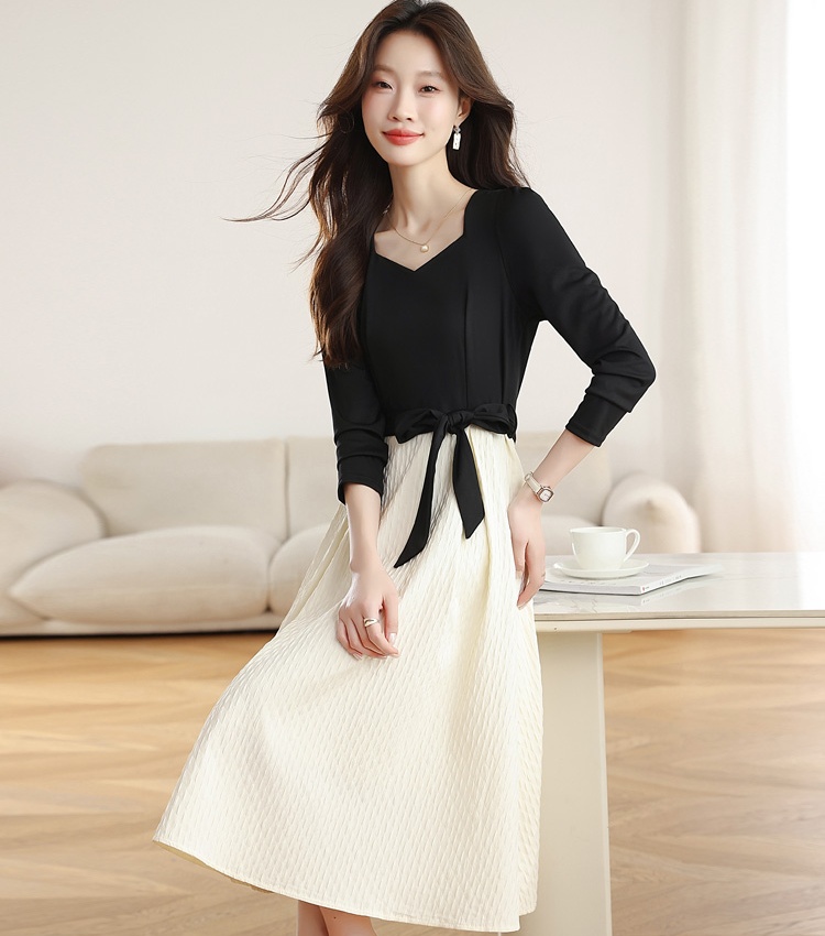 Square collar black-white France style dress