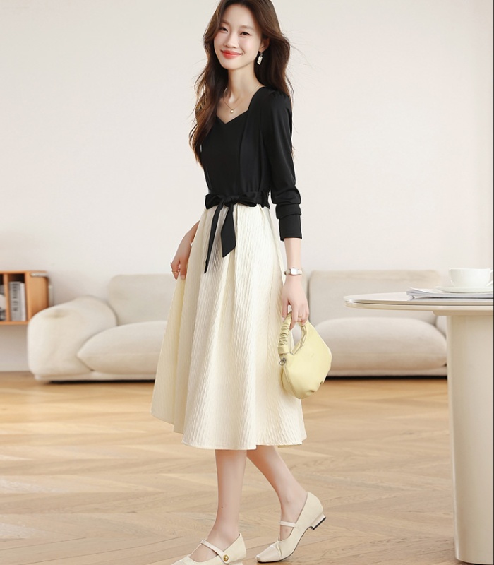 Square collar black-white France style dress