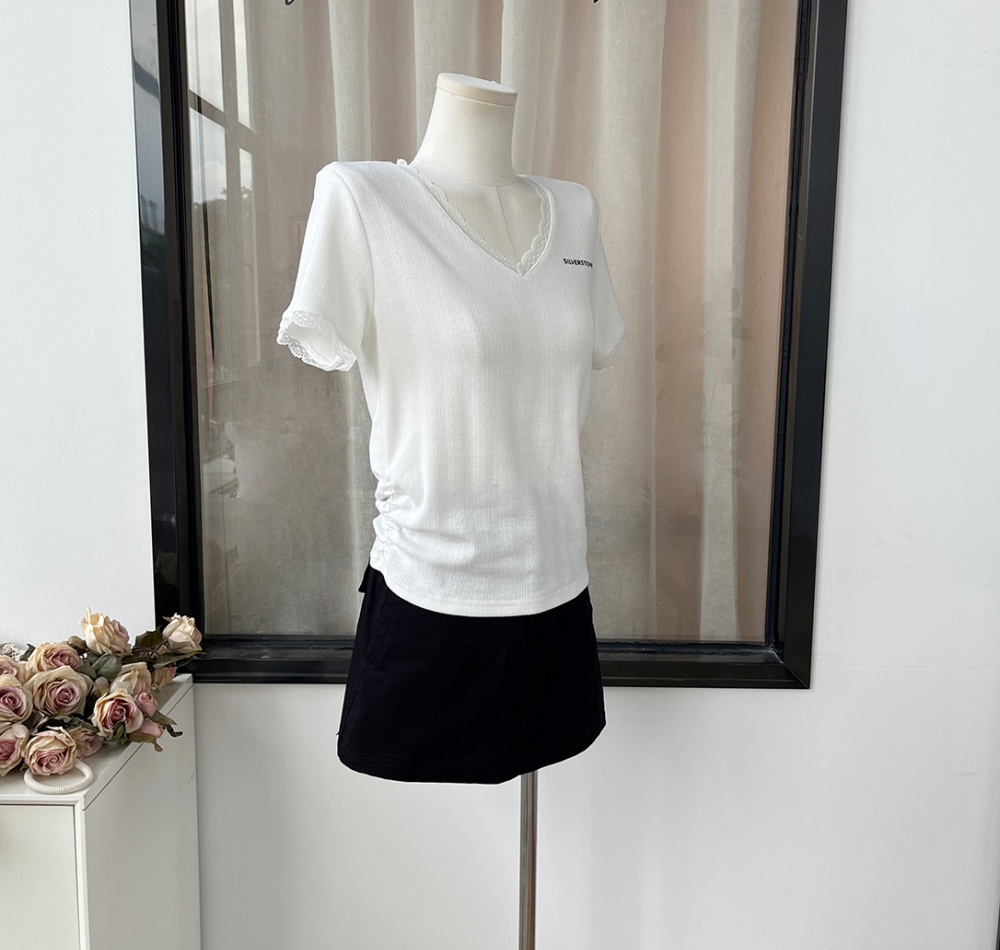 Knitted short sleeve T-shirt youth V-neck tops