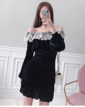Korean style bottoming lace golden velvet temperament dress