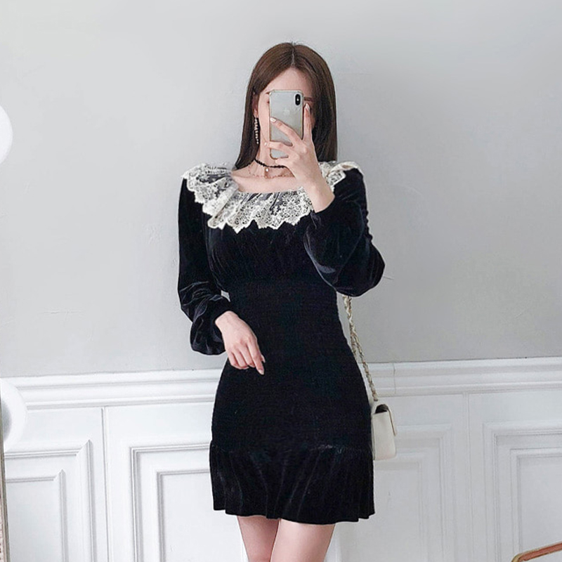 Korean style bottoming lace golden velvet temperament dress