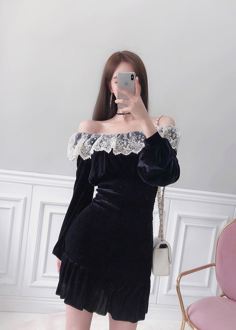 Korean style bottoming lace golden velvet temperament dress