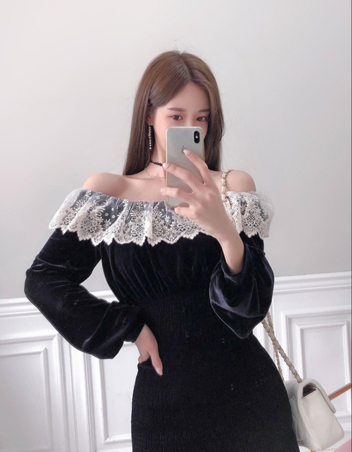 Korean style bottoming lace golden velvet temperament dress