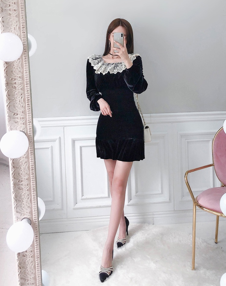 Korean style bottoming lace golden velvet temperament dress