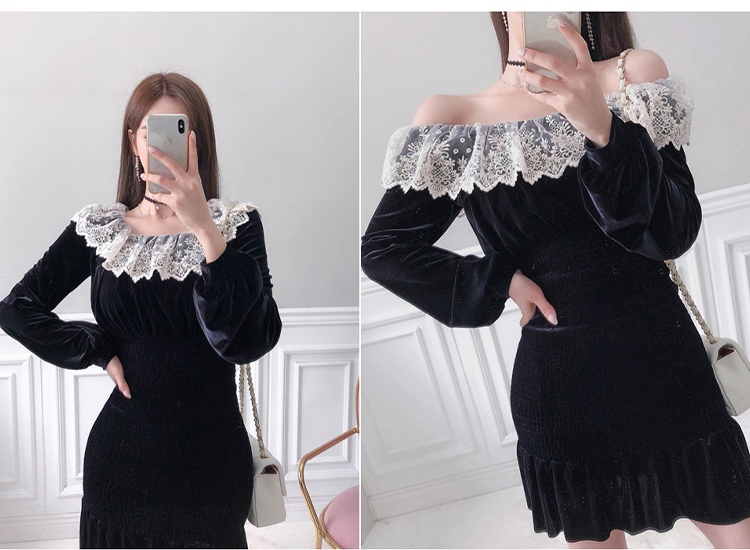 Korean style bottoming lace golden velvet temperament dress