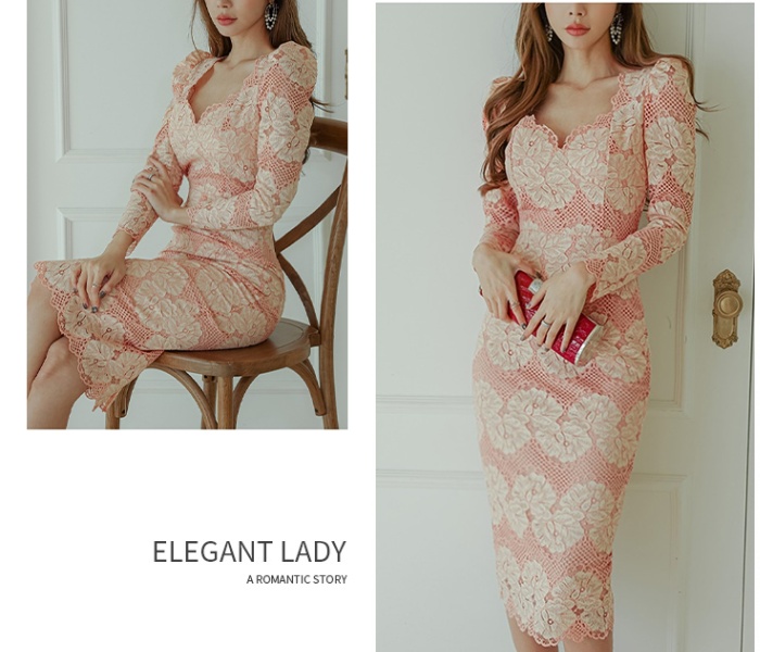 Long sleeve personality long lace V-neck dress