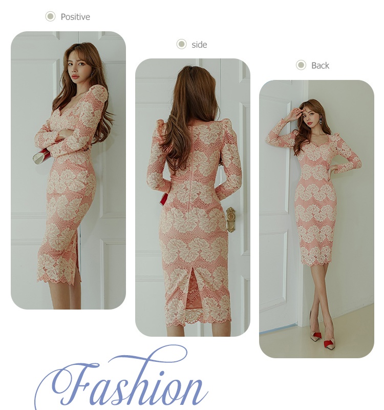 Long sleeve personality long lace V-neck dress