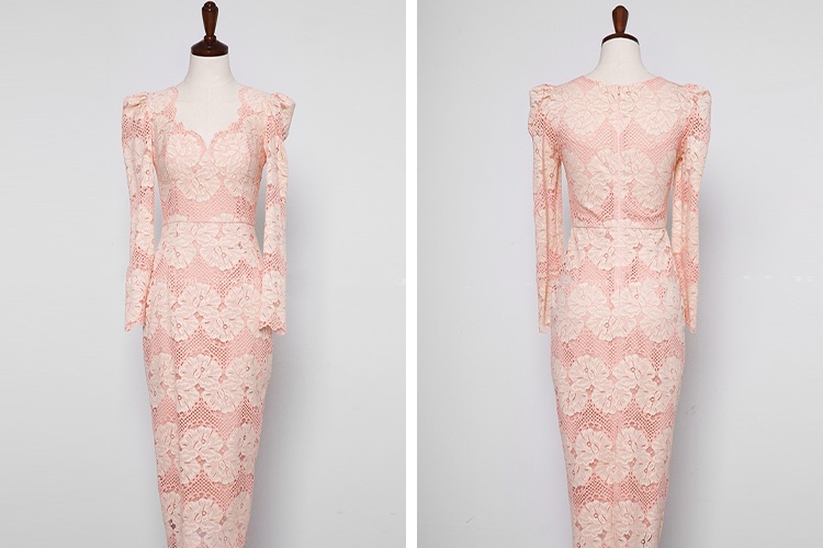Long sleeve personality long lace V-neck dress