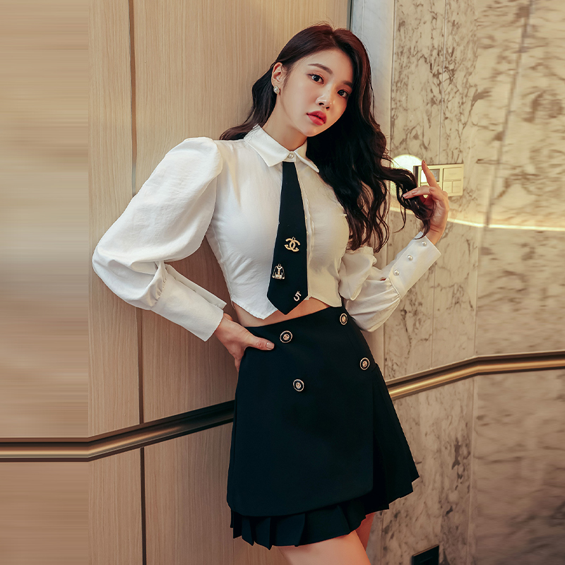 Pleated skirt high waist shirt 2pcs set for women