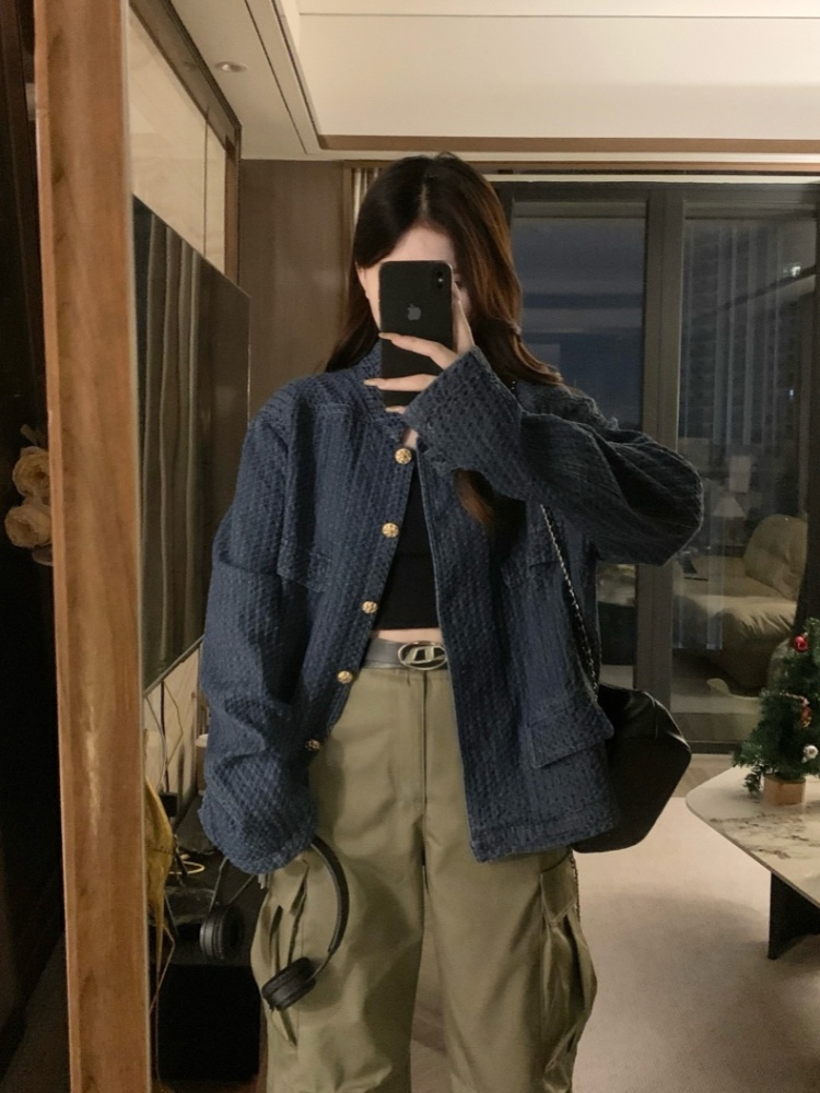 Denim chanelstyle jacket autumn cstand collar coat