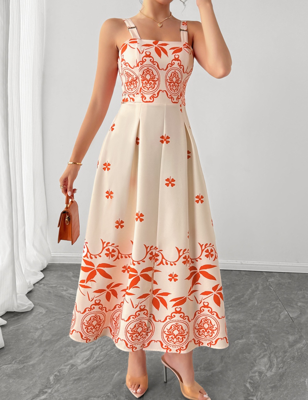 Casual European style vacation retro printing dress for women