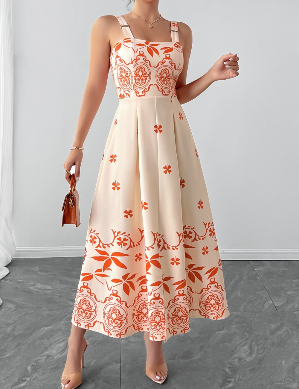 Casual European style vacation retro printing dress for women