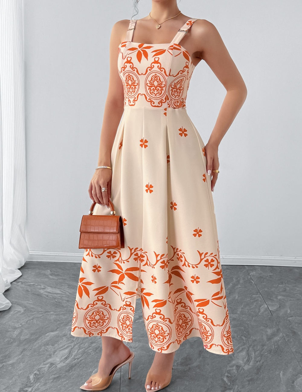 Casual European style vacation retro printing dress for women