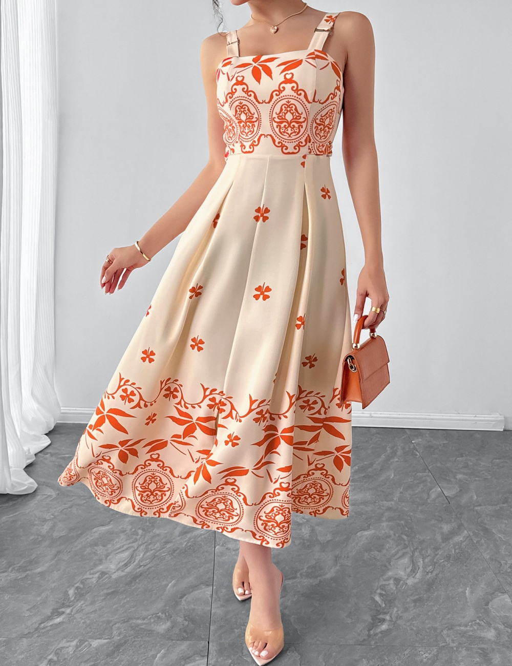 Casual European style vacation retro printing dress for women