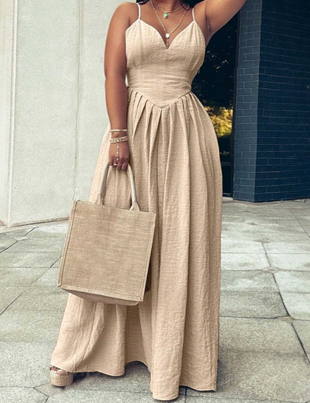 European style A-line V-neck Casual sling dress