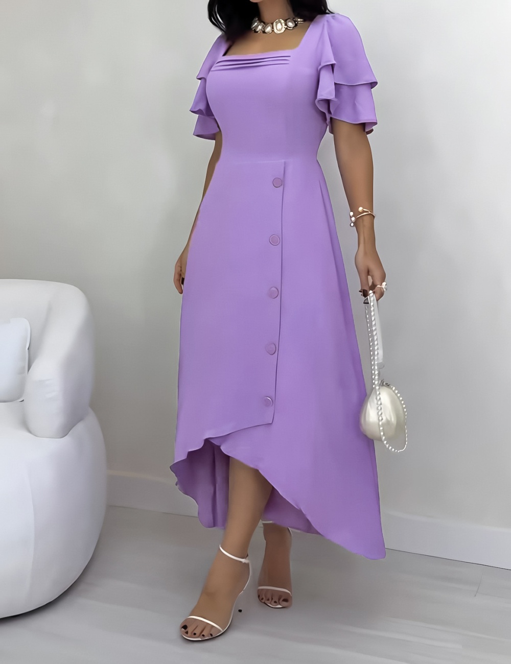 European style lotus sleeve A-line dress for women