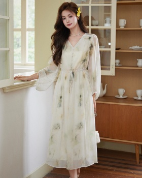 Spring V-neck long dress printing dress for women