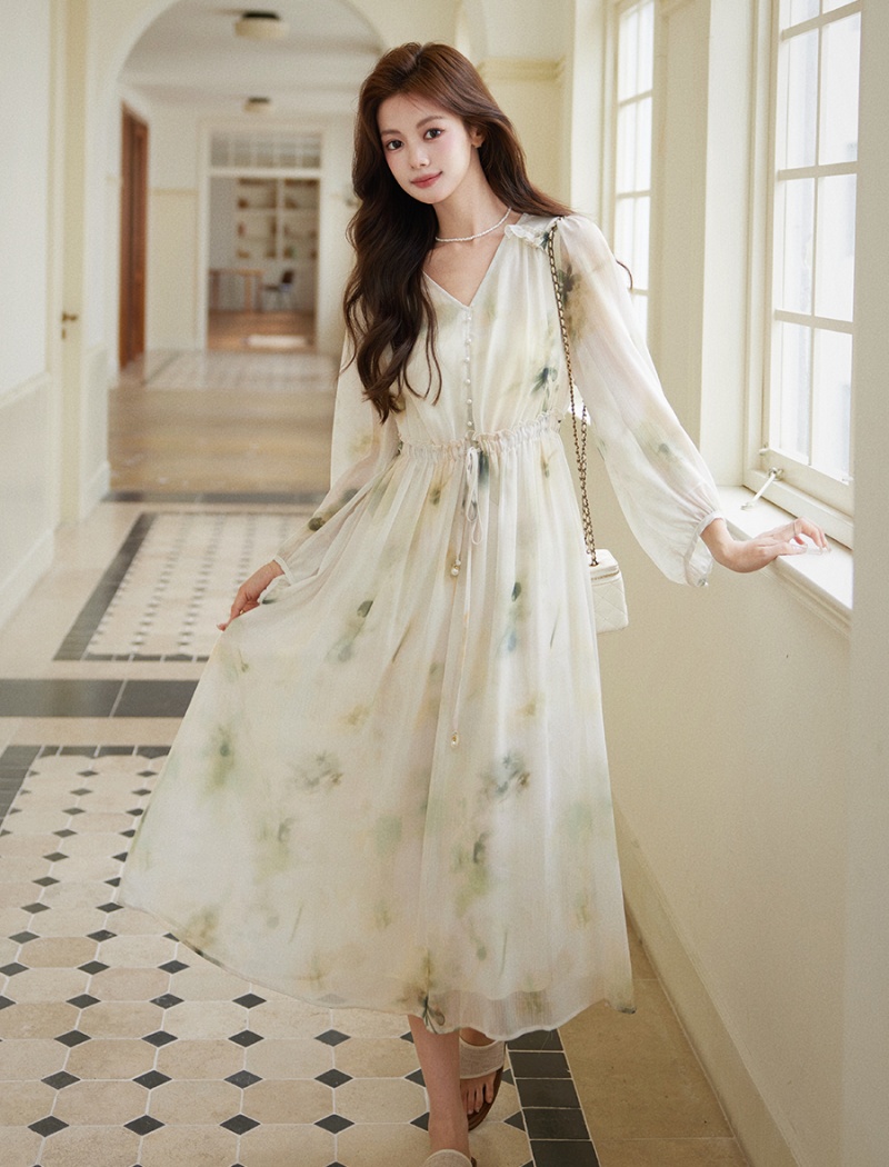 Spring V-neck long dress printing dress for women