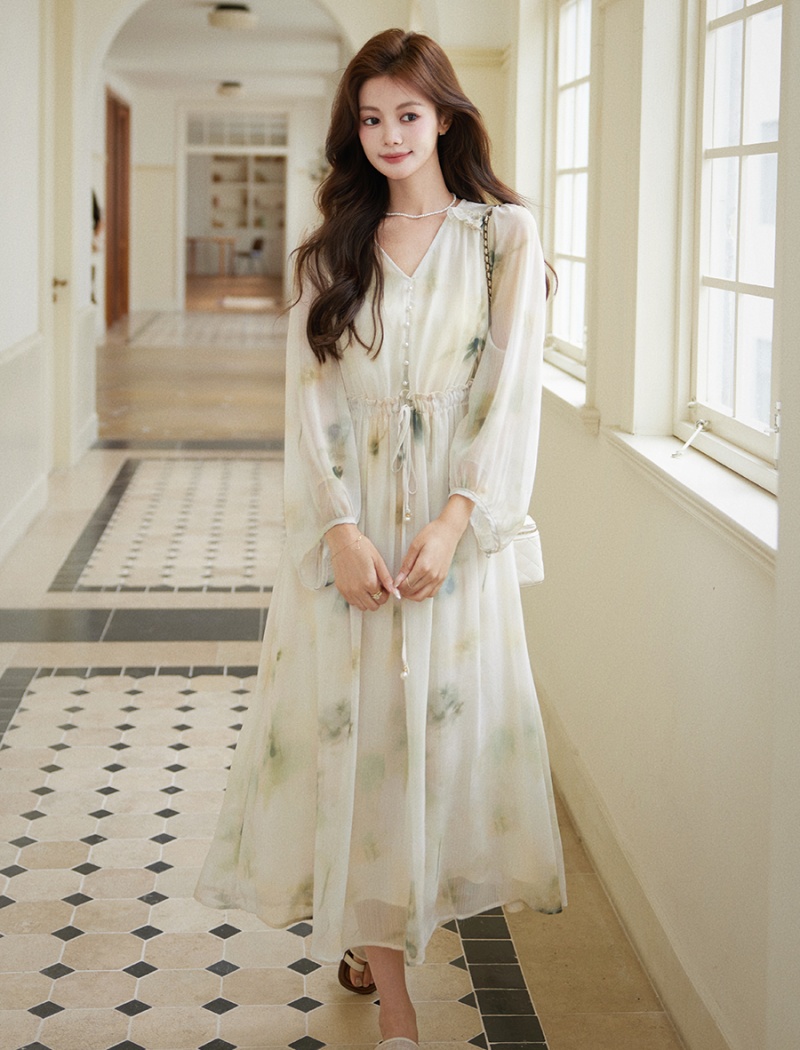 Spring V-neck long dress printing dress for women
