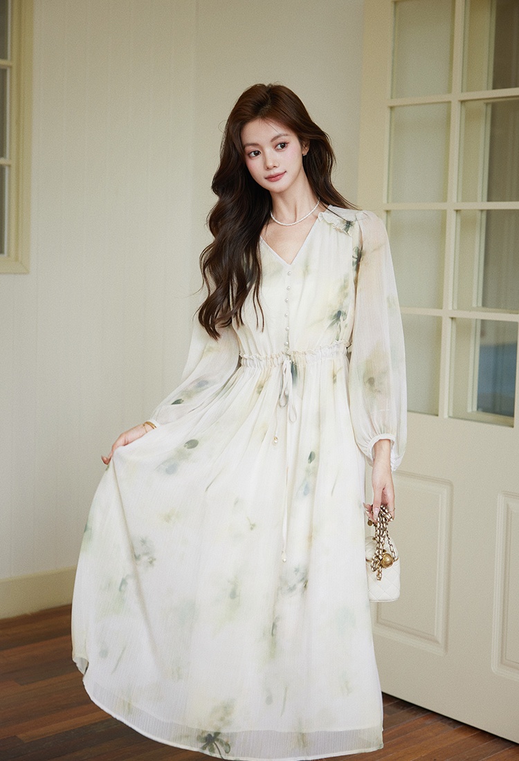 Spring V-neck long dress printing dress for women
