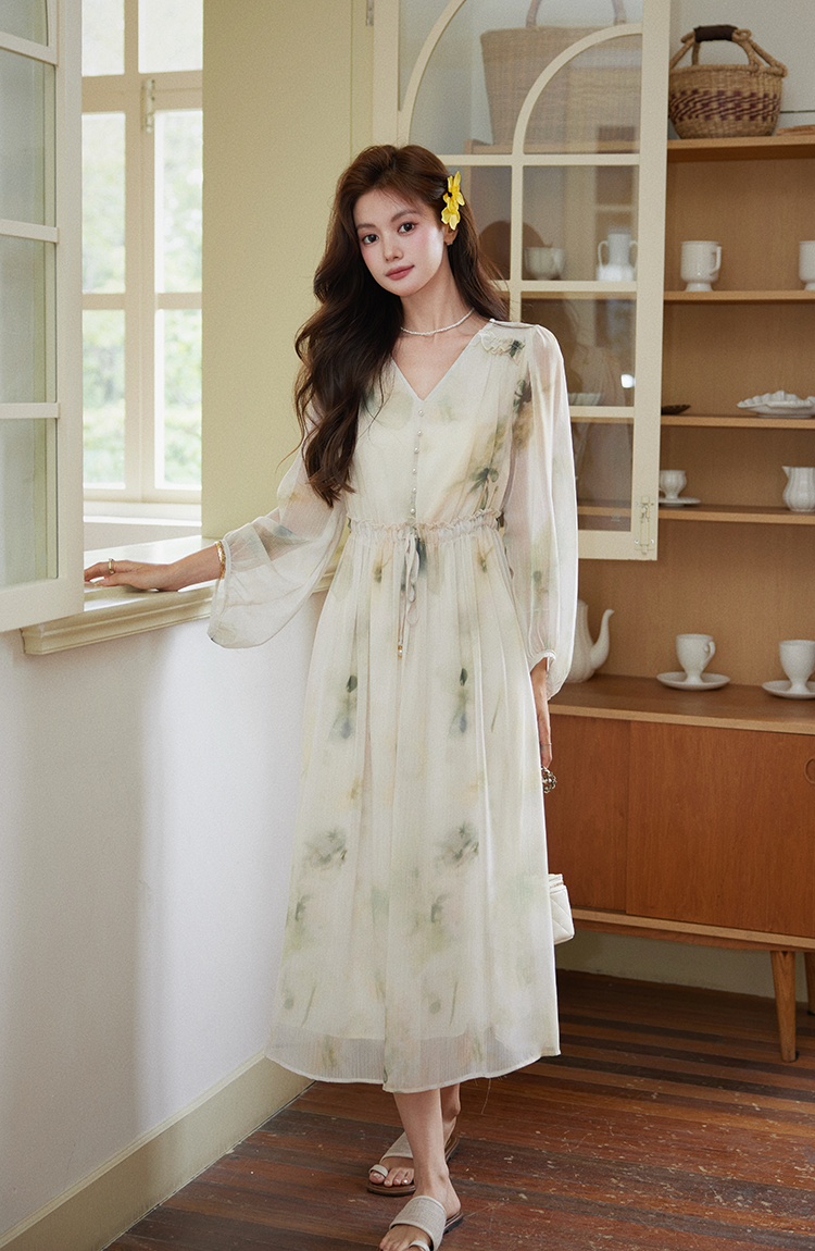 Spring V-neck long dress printing dress for women