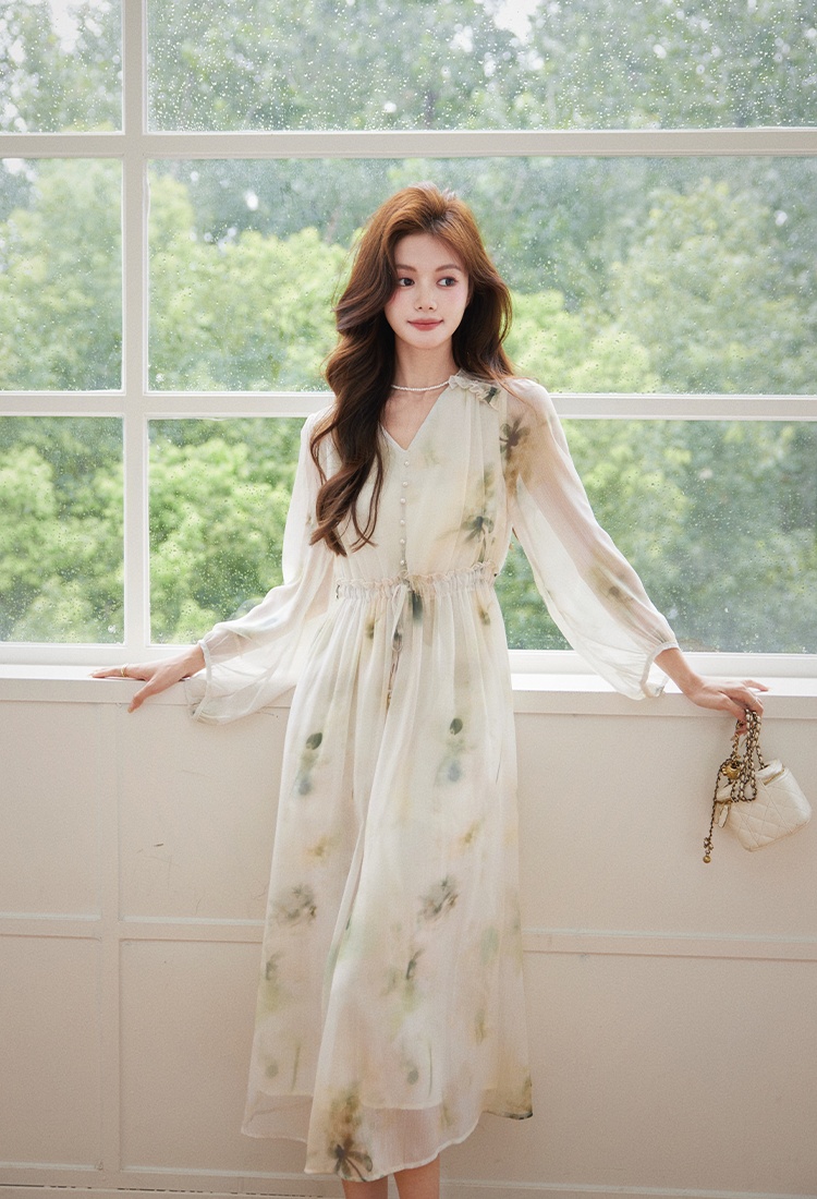 Spring V-neck long dress printing dress for women