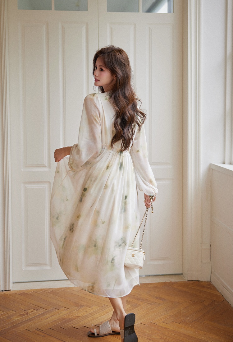 Spring V-neck long dress printing dress for women