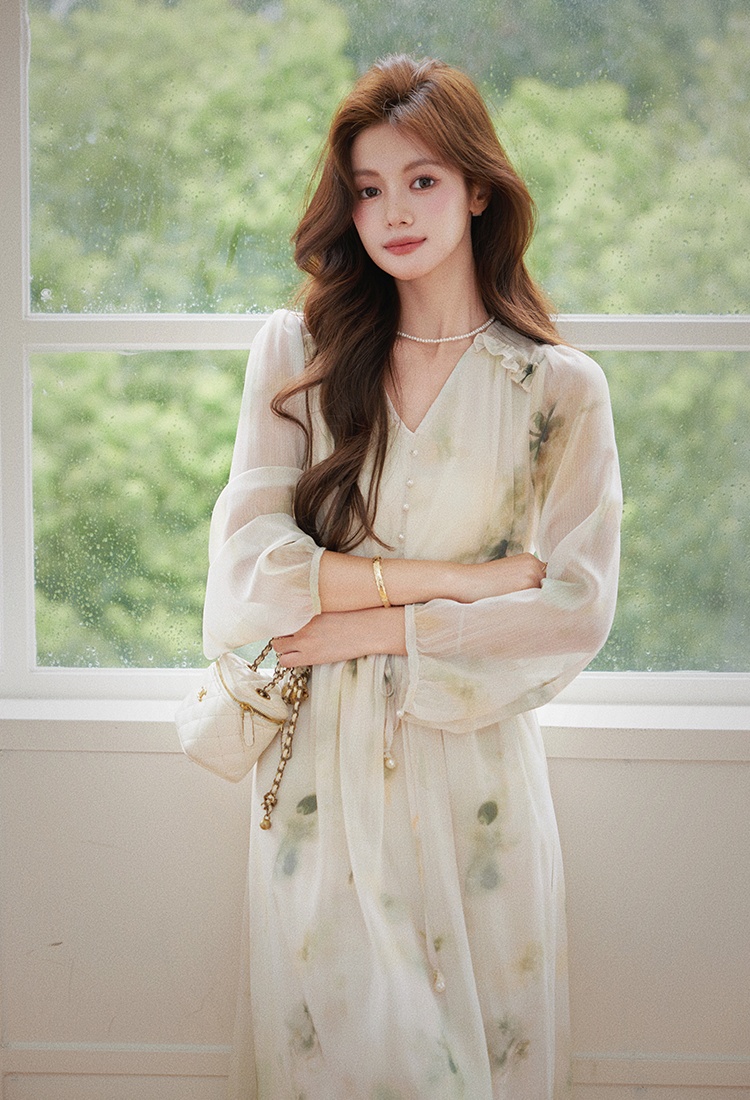 Spring V-neck long dress printing dress for women