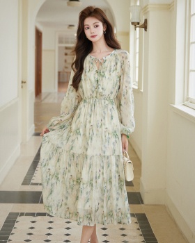 Autumn floral Chinese style green dress for women