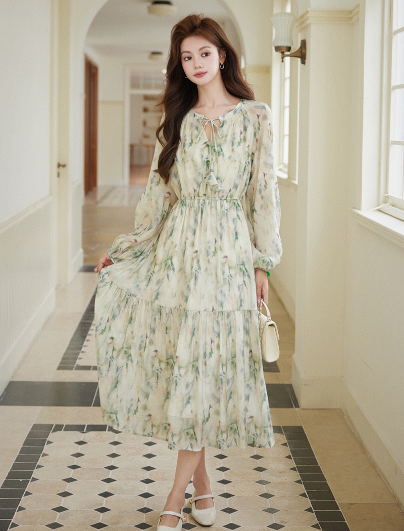 Autumn floral Chinese style green dress for women
