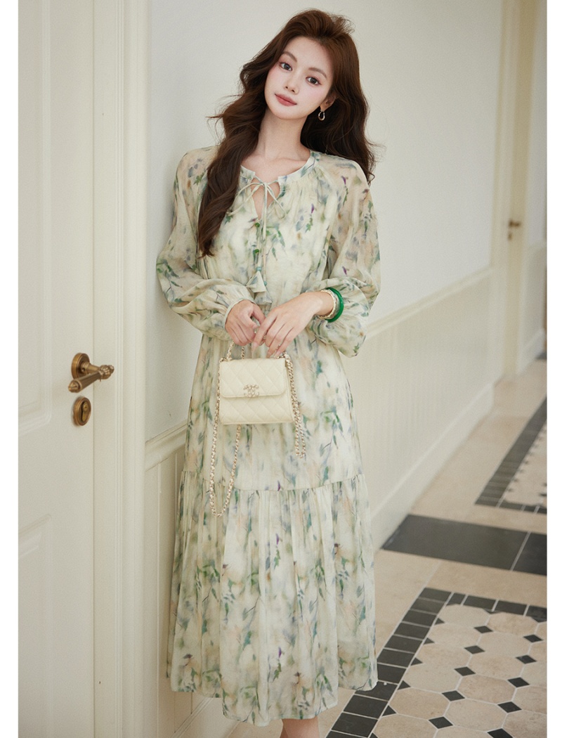 Autumn floral Chinese style green dress for women