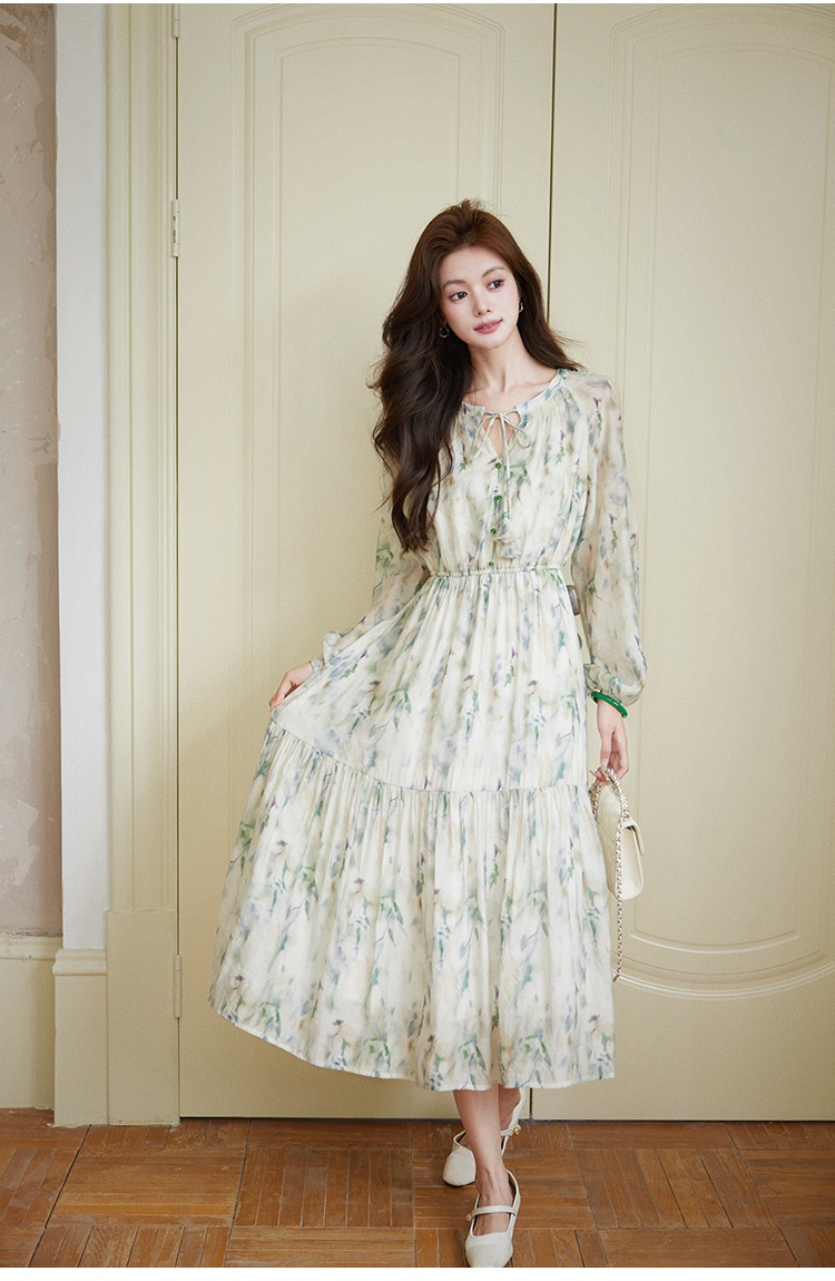 Autumn floral Chinese style green dress for women