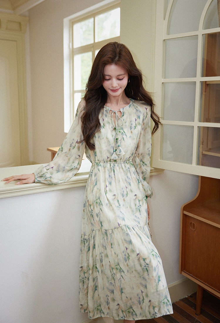 Autumn floral Chinese style green dress for women