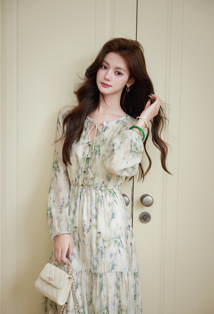 Autumn floral Chinese style green dress for women